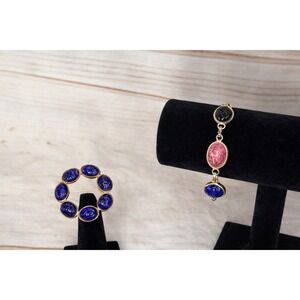 Vintage Scarab Bracelet & Brooch Set 1/20 12K Gold Filled Blue Carved Scarabs
